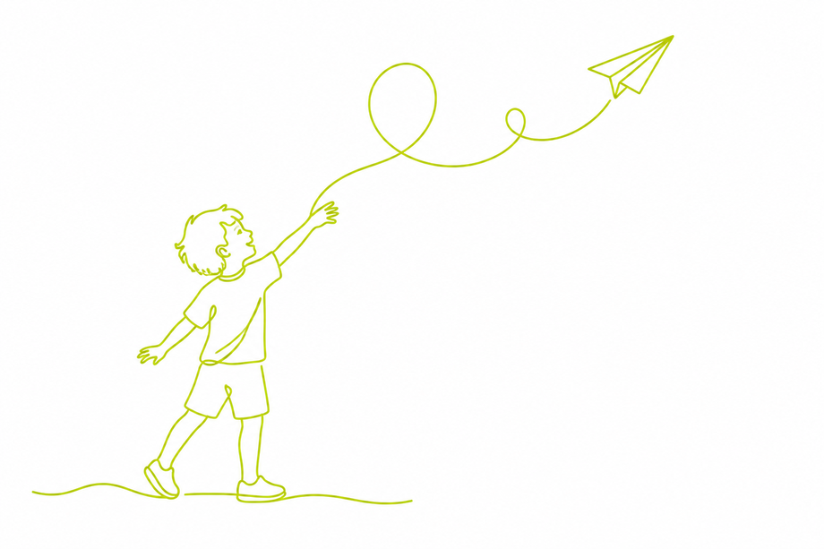 Line drawing of a child launching a paper airplane